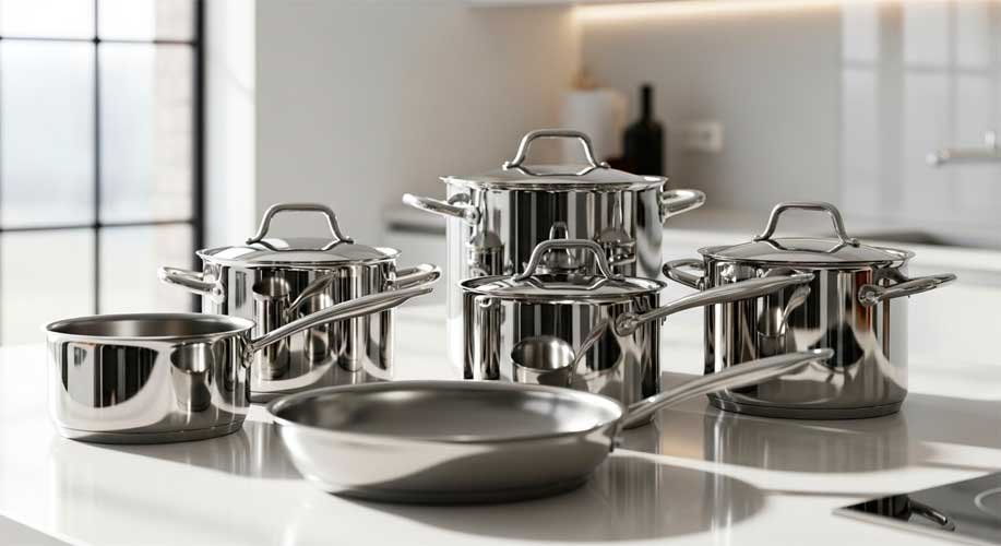 Juego de ollas de acero quirúrgico brillantes sobre cocina moderna, luz natural, fondo claro, estilo elegante