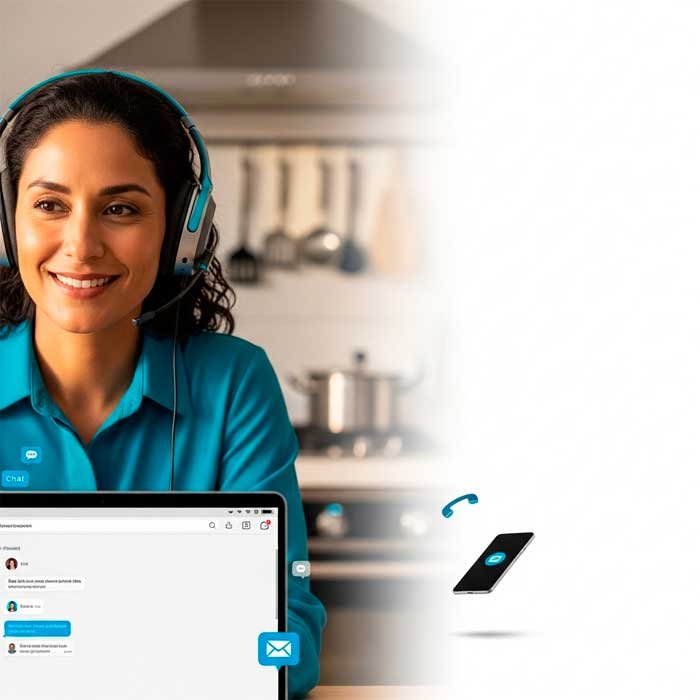 Mujer sonriendo, auriculares con micrófono, laptop abierta mostrando chat, fondo suave de cocina moderna con sutiles reflejos de acero